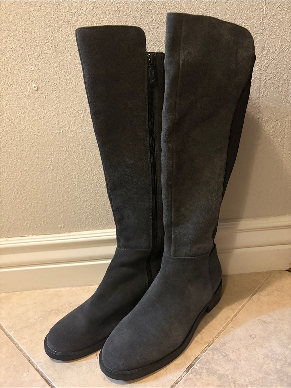 Blondo Ellie waterproof Tall Suede side zip stretch backBoots in Charcoal Gray